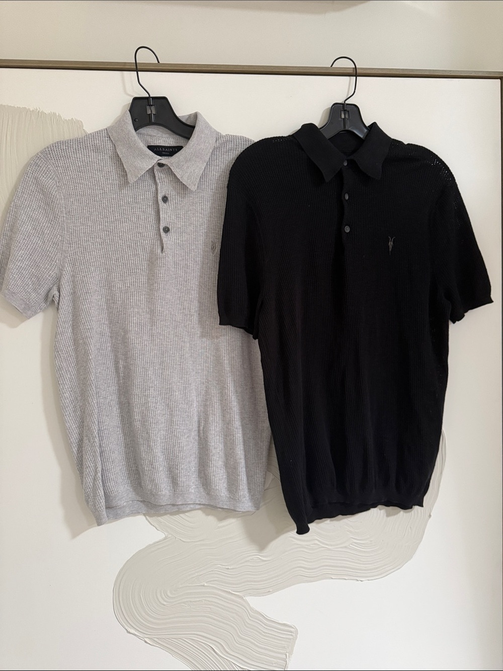 AllSaints Black and Light Grey & Black Ribbed Knit Polo Pair